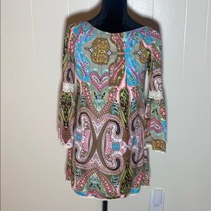 Boho Paisley Print Tunic Dress With Crochet Details Bell Sleeves Y2K Womens S